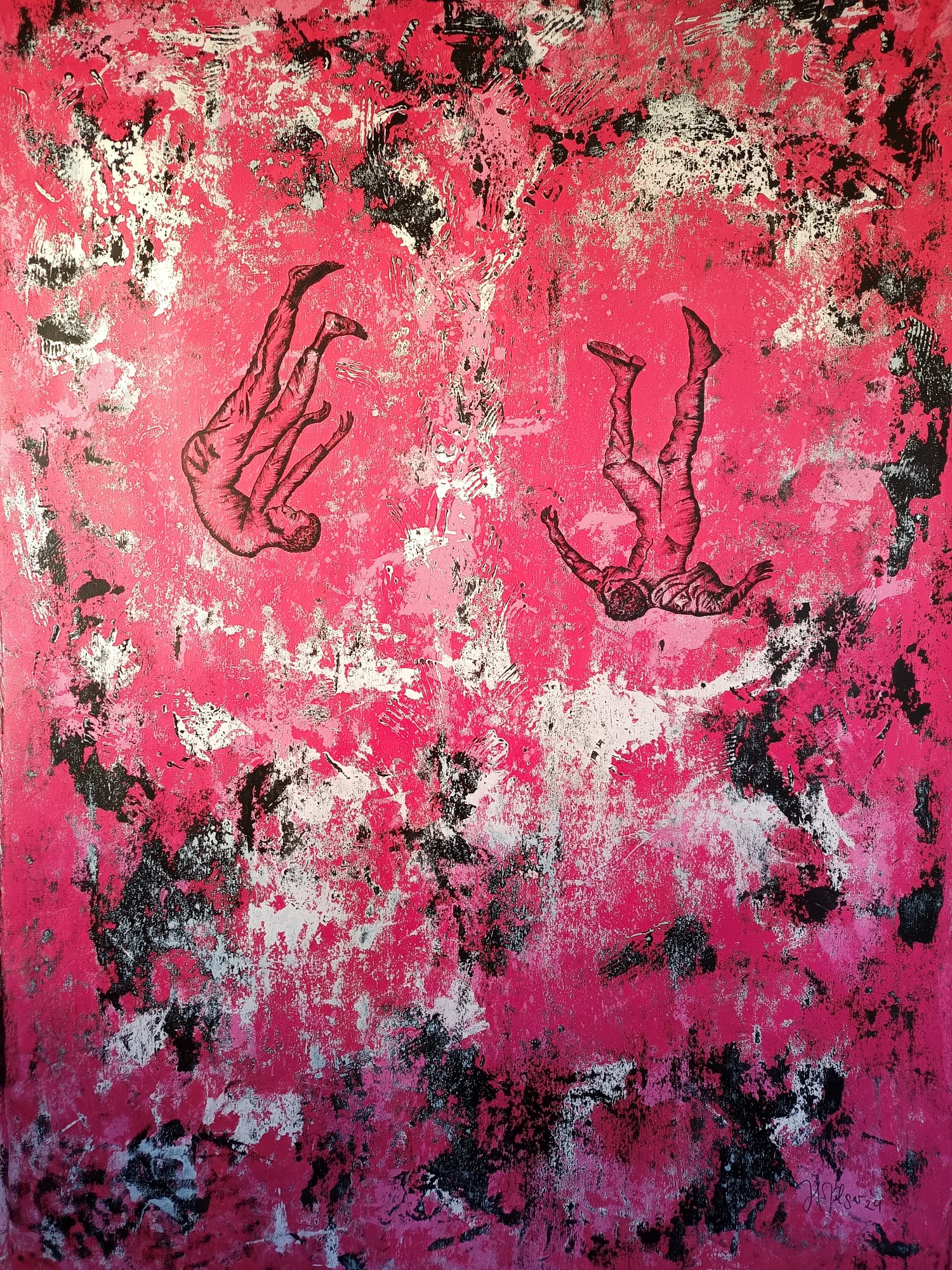 Two figures falling against a textured pink and black background