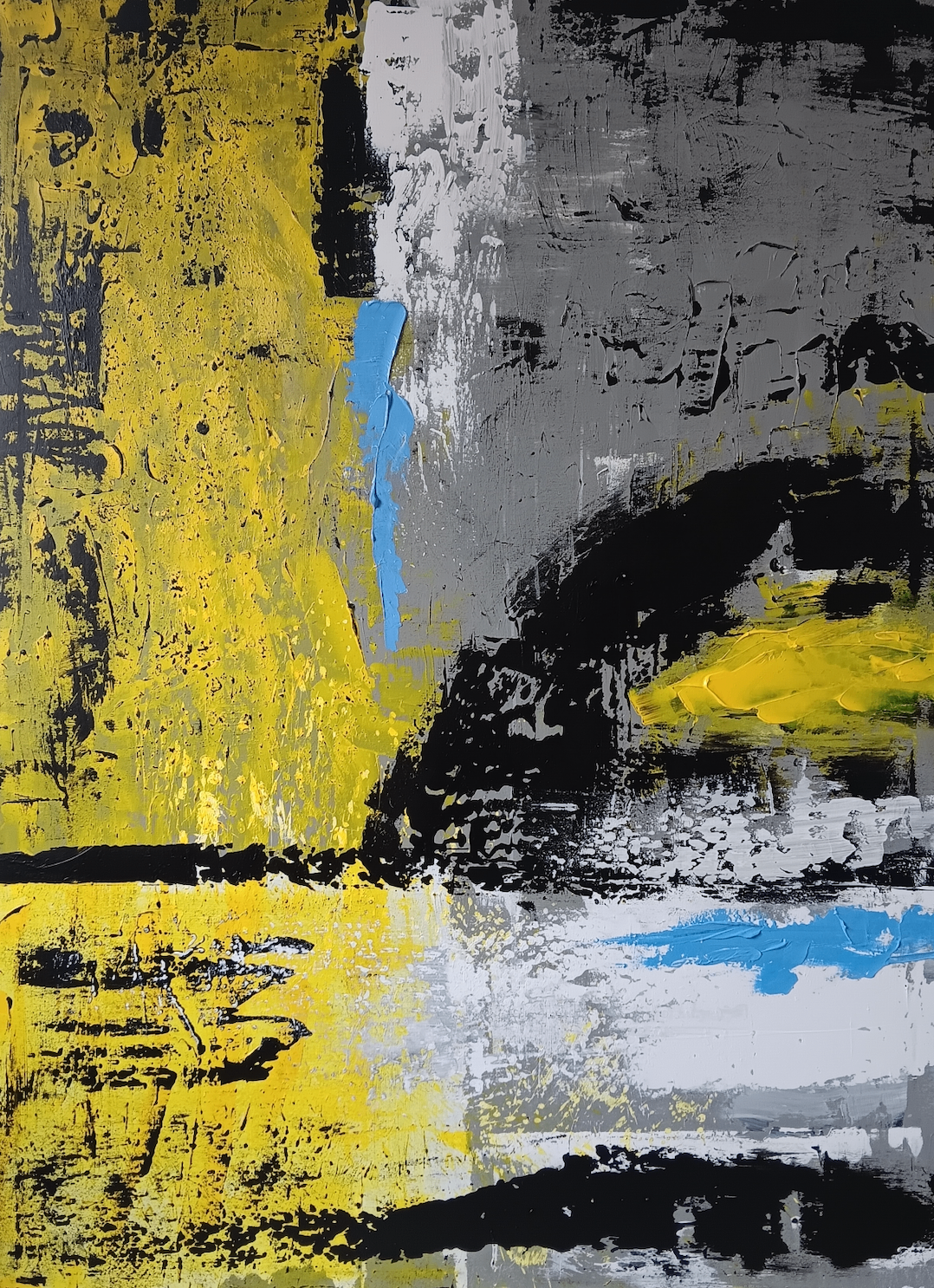 Abstract painting with yellow, grey, black and blue textured brushstrokes