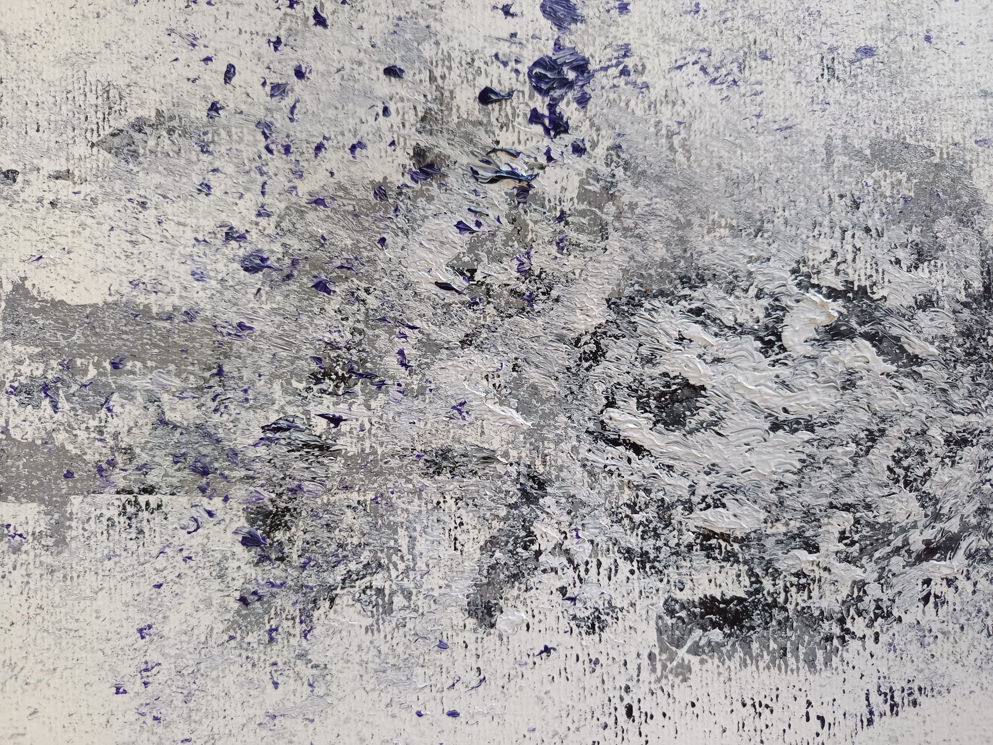 Textured abstract painting with violet flecks on white